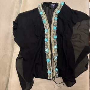 Embellished Black Top with Turquoise Accents